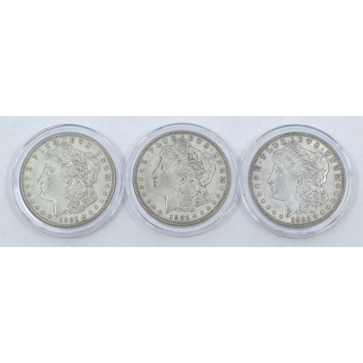 Box 3pc US 1921 Morgan Silver Dollars in Cases