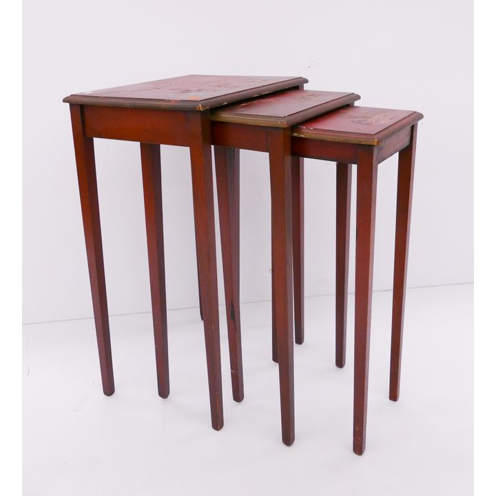 3pc Old Red Lacquered Japonesque Table Nesting Set- 23x15x11''