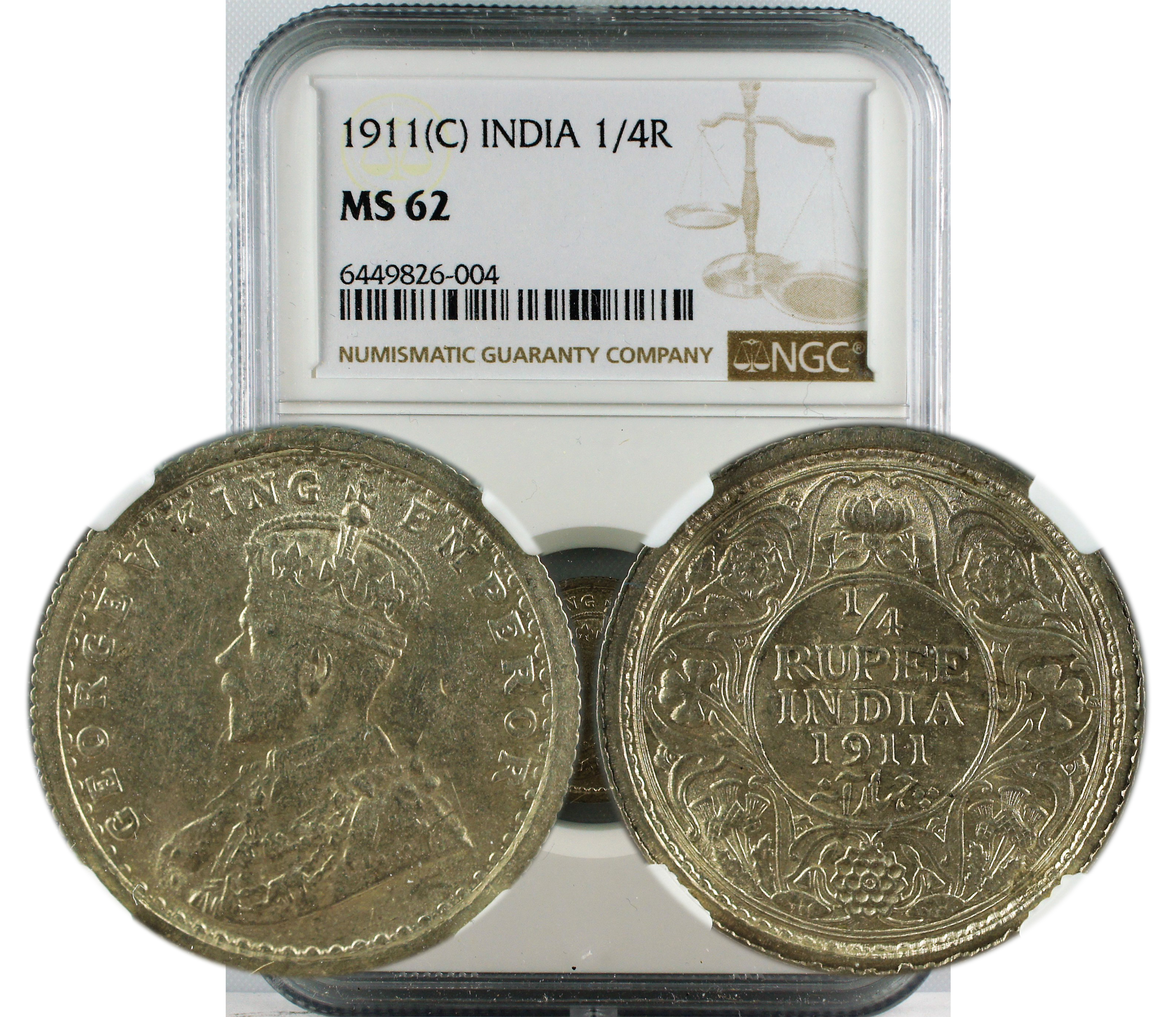 1911 C INDIA 1/4 RUPEE MS62