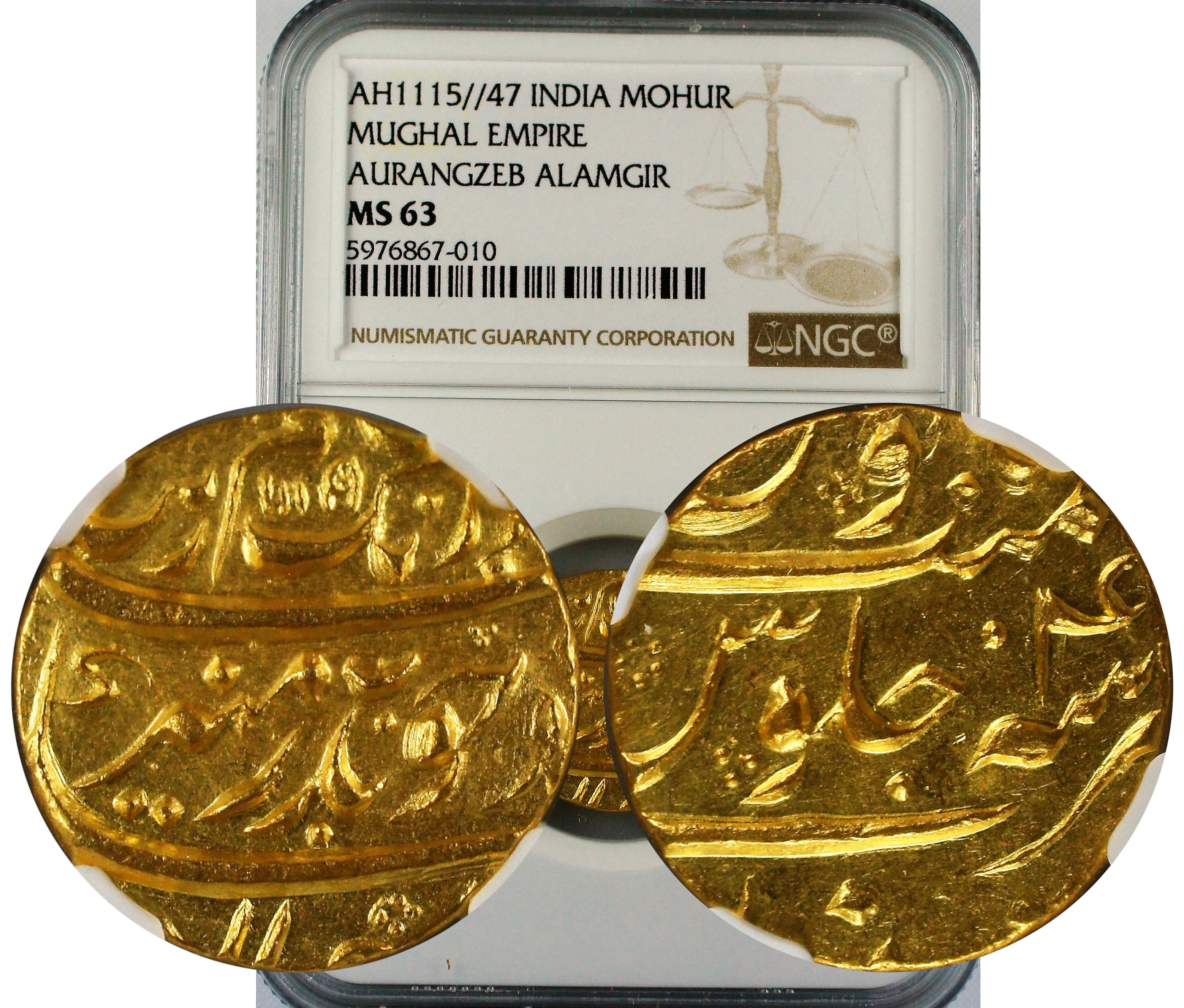 India Mughal Empire AH115//47 Aurangzeb Gold Mohur NGC MS63