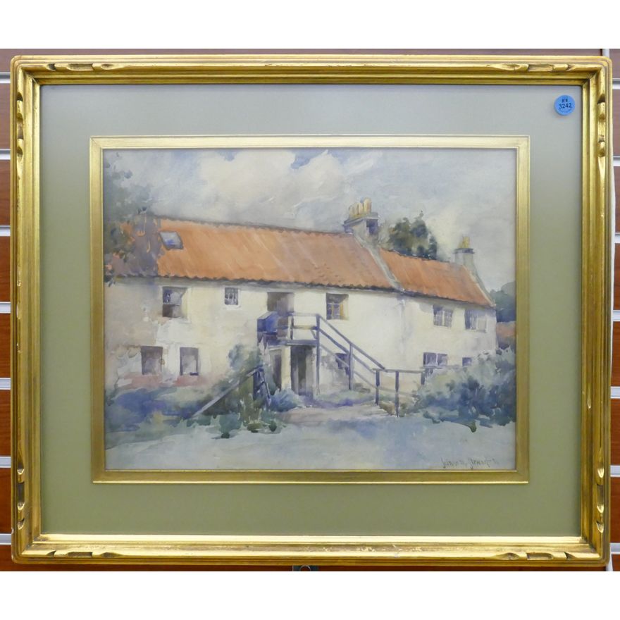 Jeanne Stewart (b.1868 Washington) Cottage Scene 1905 Watercolor