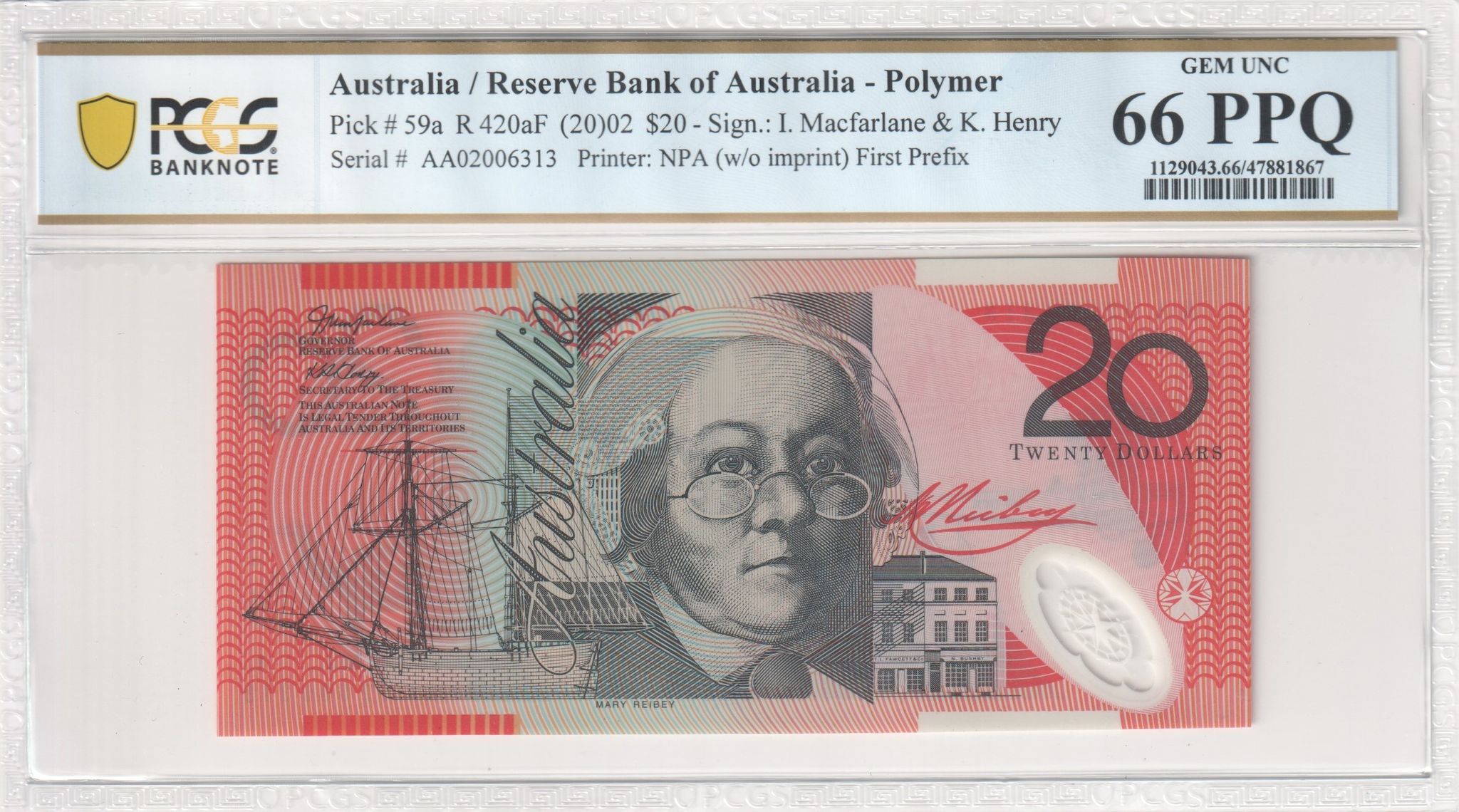 Macfarlane/ Henry, First Prefix, Twenty Dollar, 2002, PCGS Gem UNC 66 PPQ