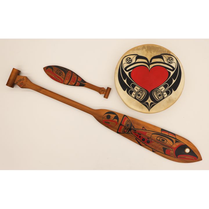 3pc Kathy Kato-Yates Painted Paddles & Drum