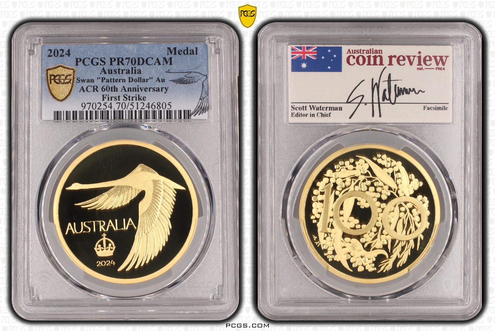 Swan "Pattern Dollar" Gold ACR 60th Anniversary First Strike, 3/0, Medal, 2024, PCGS PR70DCAM