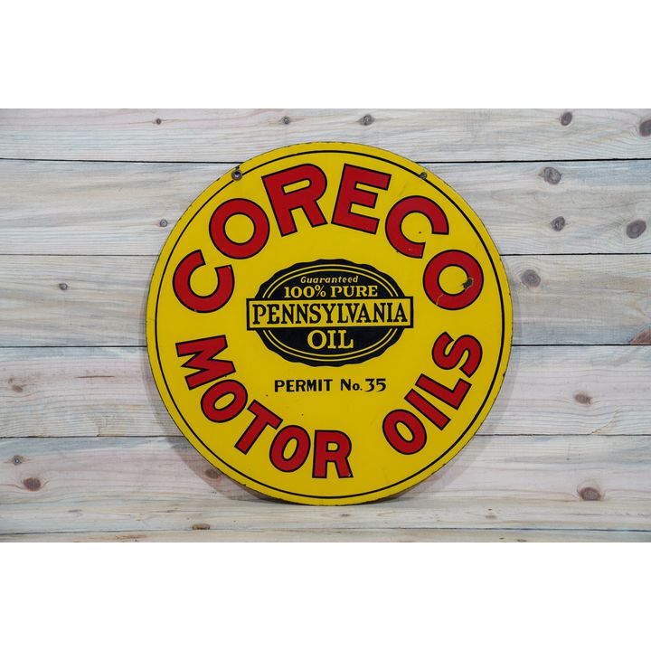24" Coreco Motor Oils w/ Seal Logo Double Sided Porcelain Sign TAC 8.9 & 8.5
