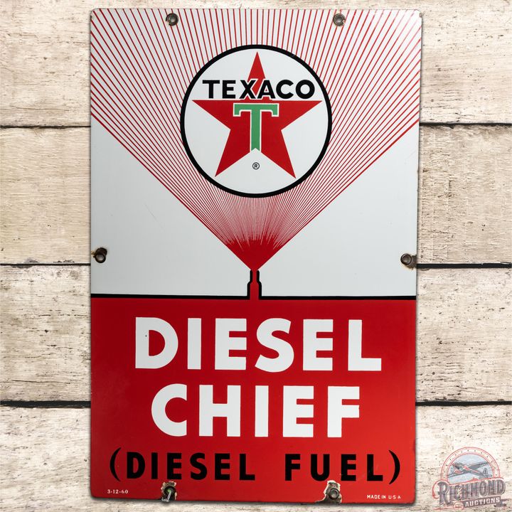 1960 Texaco White T Diesel Chief (Diesel Fuel) SSP Pump Plate Sign - 9