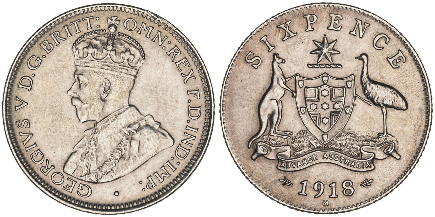 George V, Sixpence, 1918-M, UNC