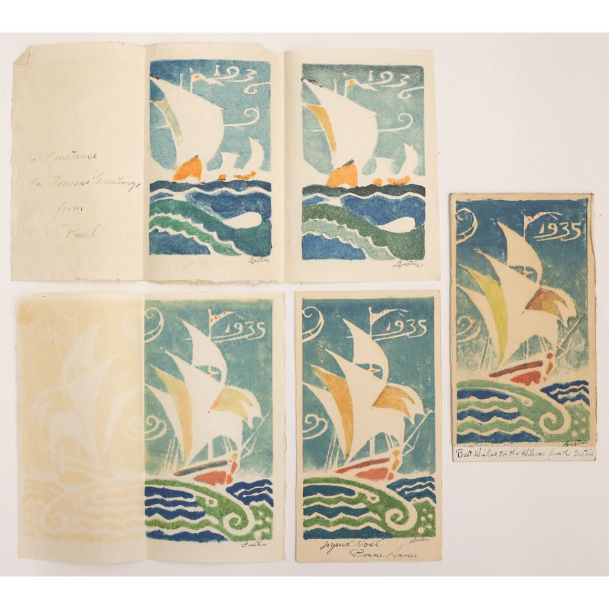 5pc Paul Morgan Gustin ''Deco Ships'' 1935-36 Color Woodcuts