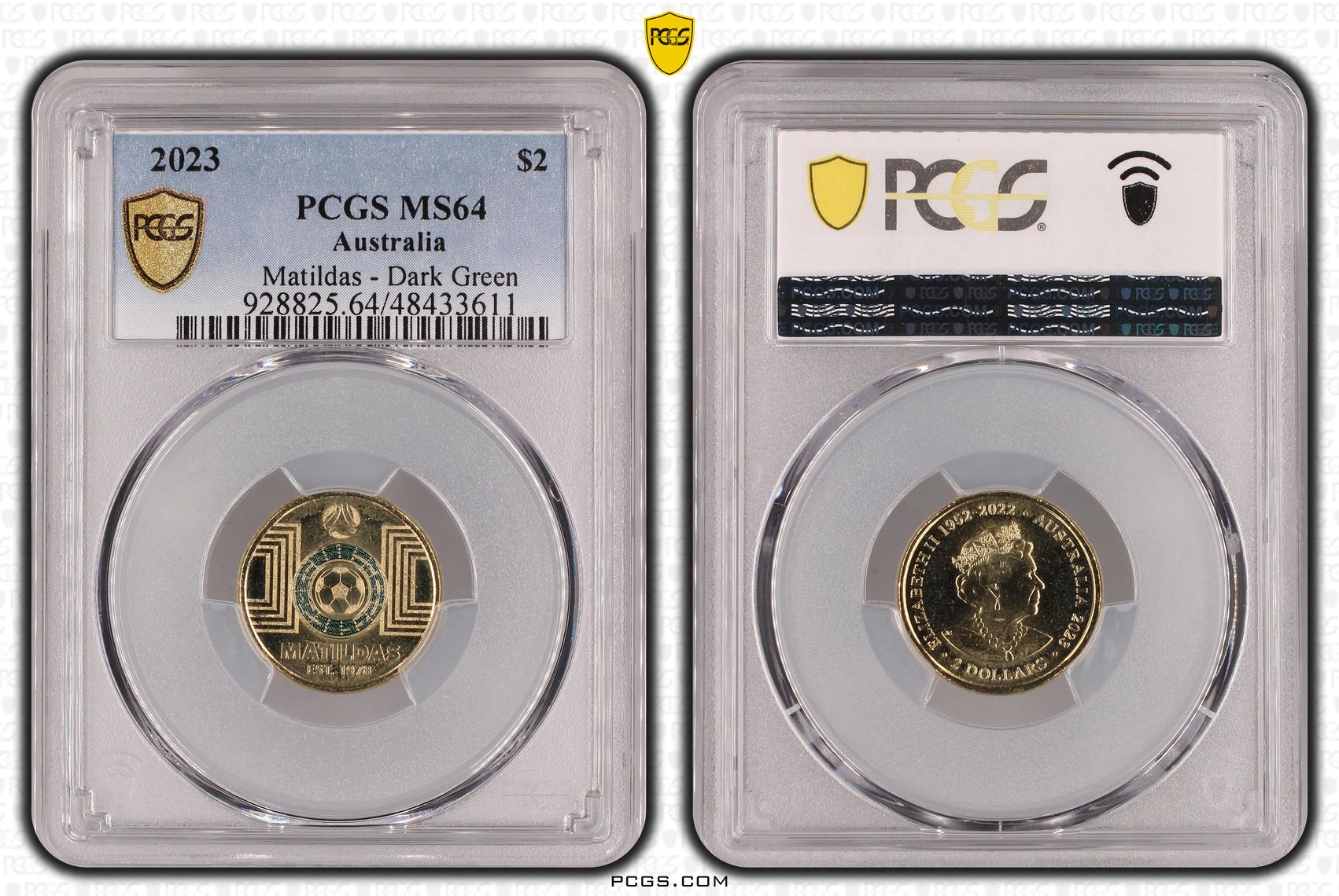 Elizabeth II, Matildas - Dark Green Colorized, Two Dollar, 2023, PCGS MS64