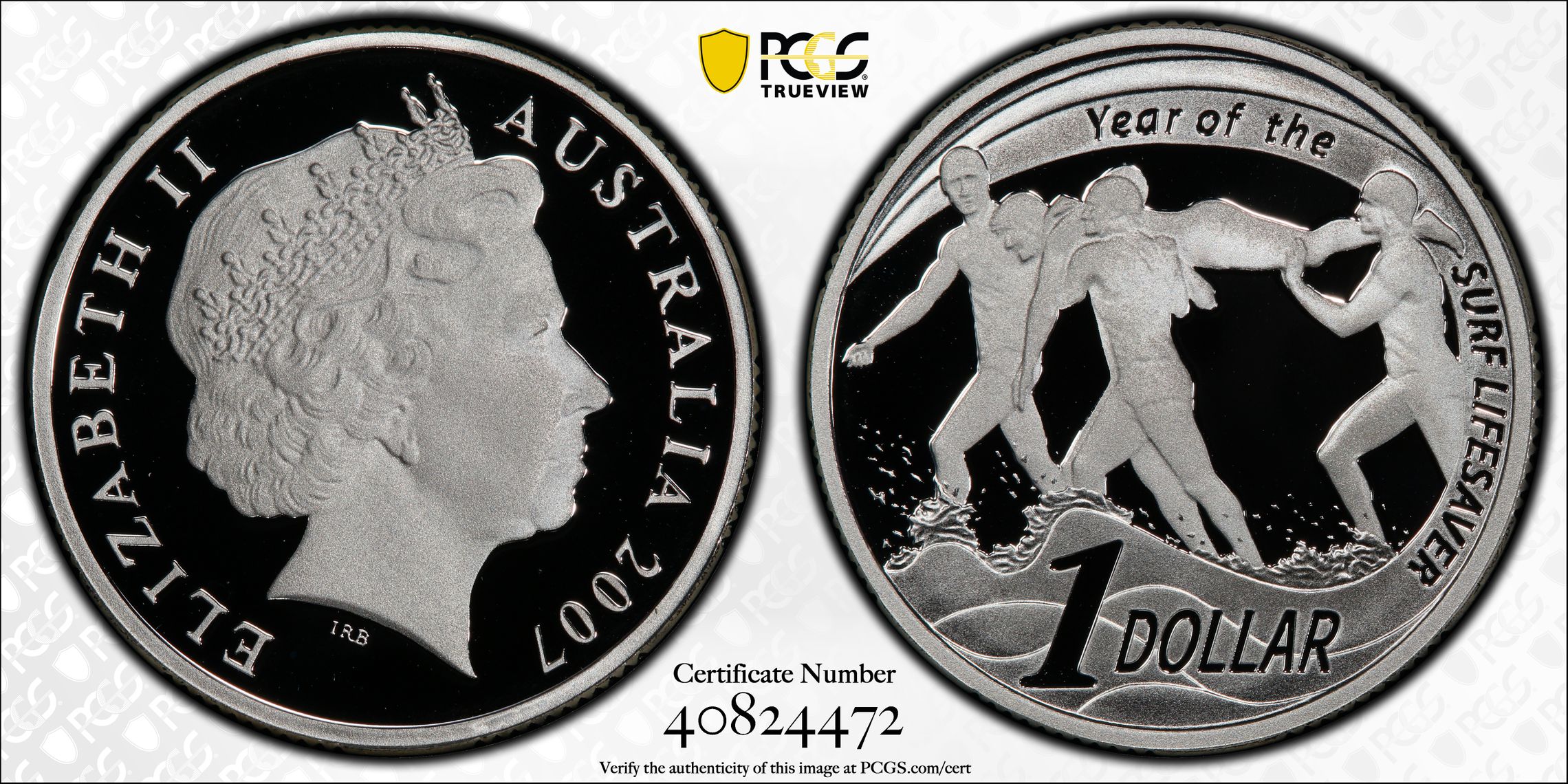 377 · 2007 Australia One Dollar, $1 Silver Proof Surf Lifesaving Silver PCGS - PR70DCAM POP 4/0 -472