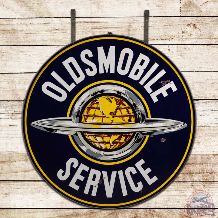 Oldsmobile Service 60" Double Sided Porcelain World Logo Sign w/ Ring