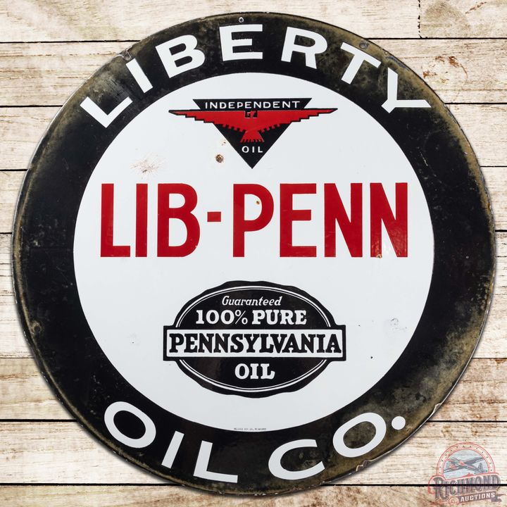 Scarce Liberty Oil Co. Lib-Penn 32" DS Porcelain Sign w/ Independent Thunderbird Logo