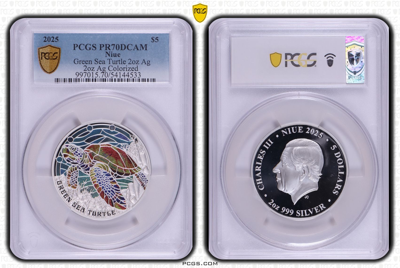 Niue, Green Sea Turtle 2oz Silver Colourised, POP 4/0, Five Dollar, 2025, PCGS PR70DCAM