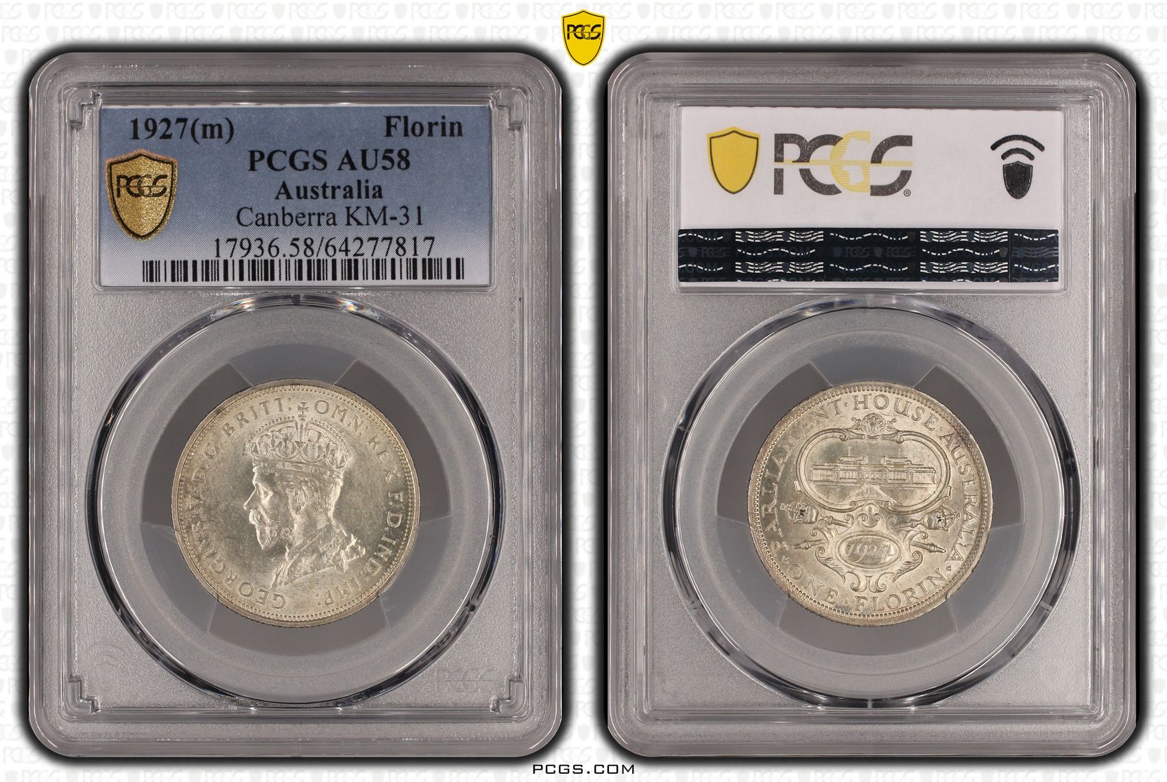 George V, Canberra, Florin, 1927, PCGS AU58