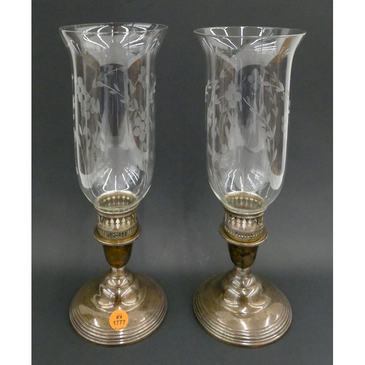 Pair Sterling Weighted Candlesticks with Glass Hurricanes- 12''