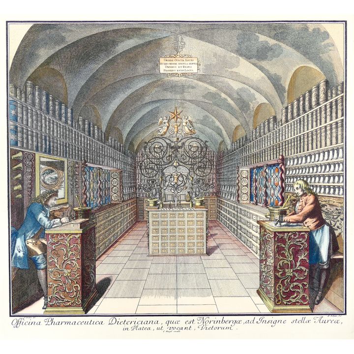 Hieronymus Boelmann 'Officina Pharmaceutica Dietericiana' Color Engraving. Unframed 18x20'' sheet
