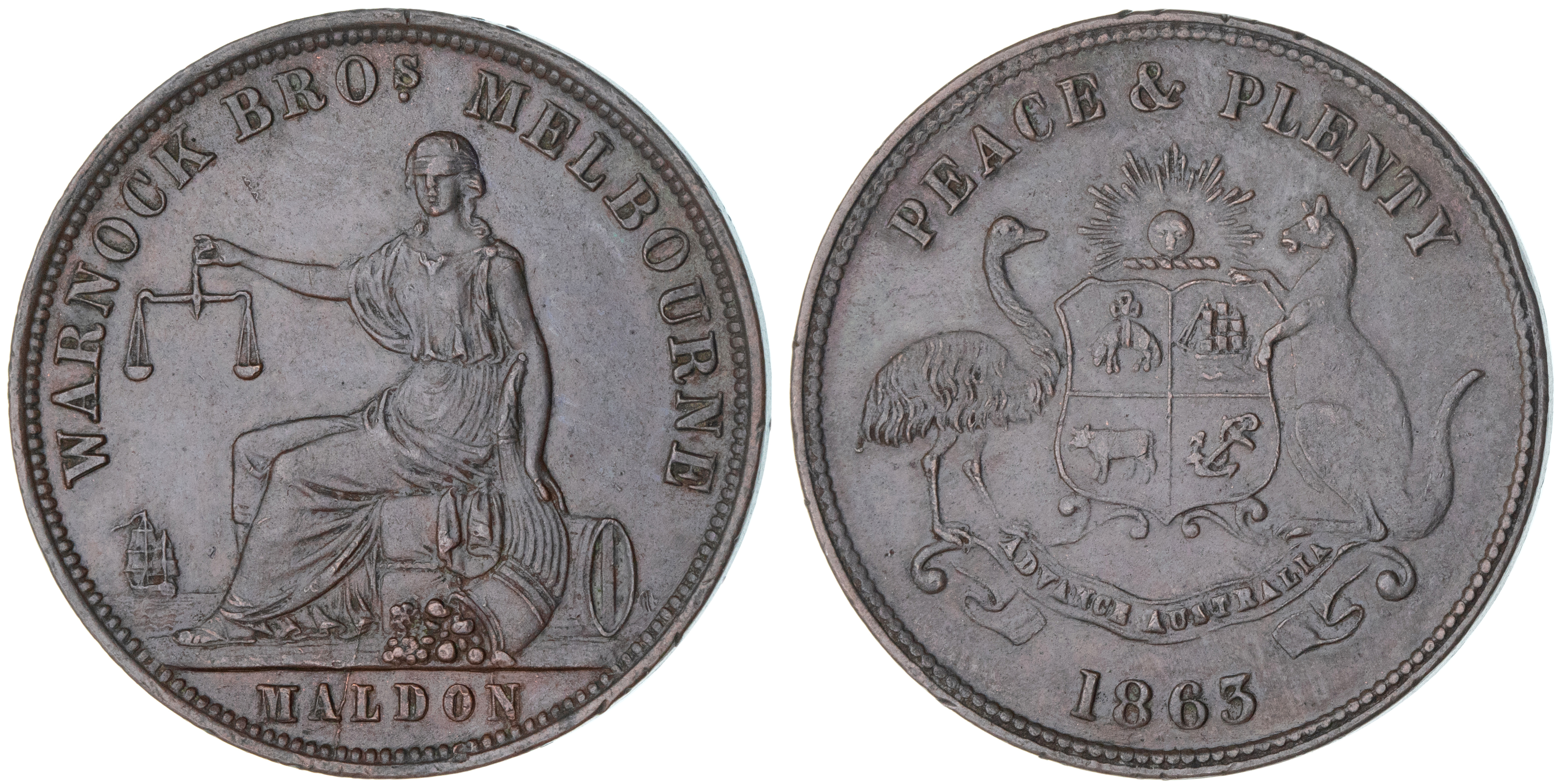 Melbourne, Victoria, Warnock Bros, Penny, 1863, aUNC