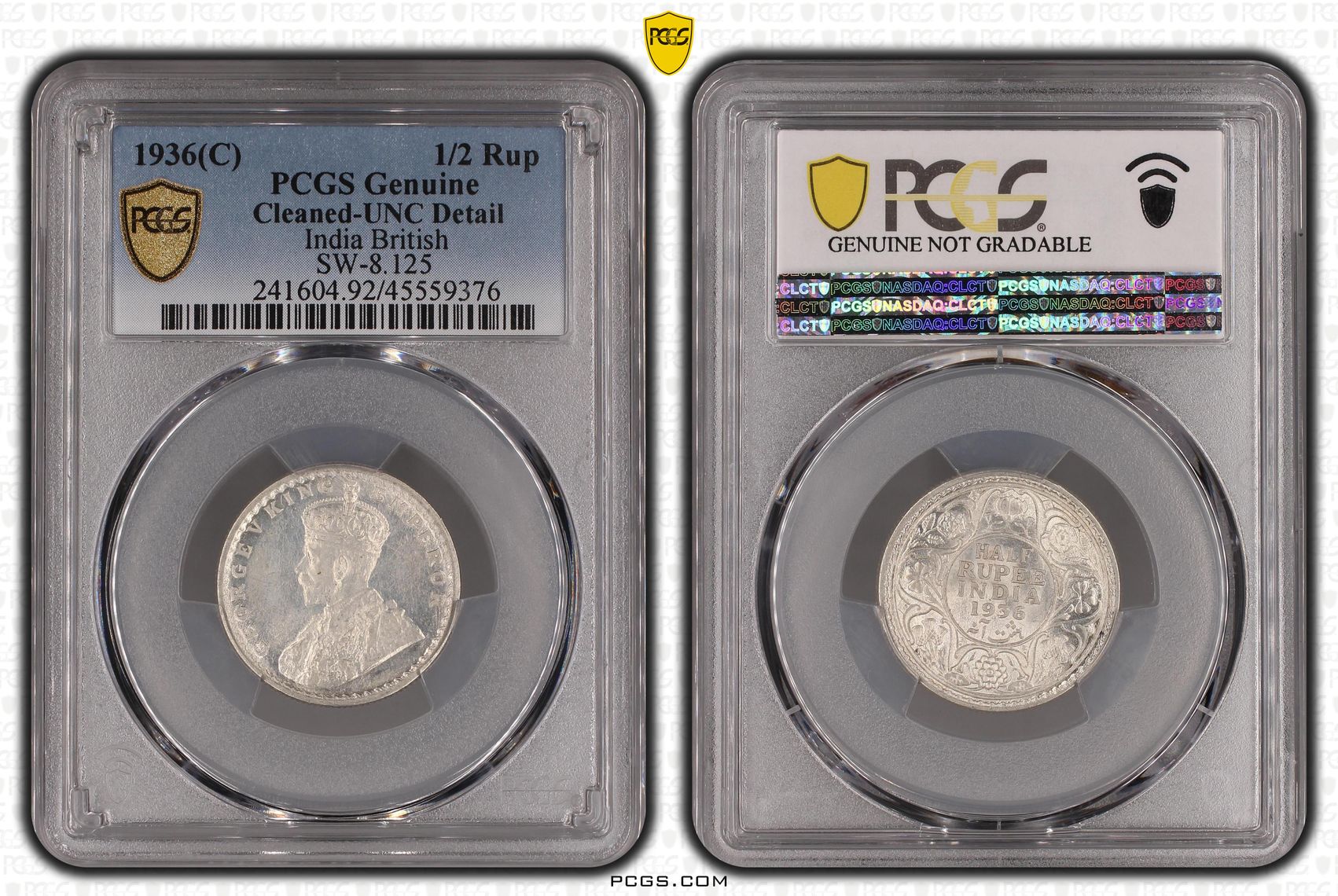 India British, SW-8.125, Half Rupee, 1936(C), PCGS Genuine - UNC Details (92 - Cleaned)