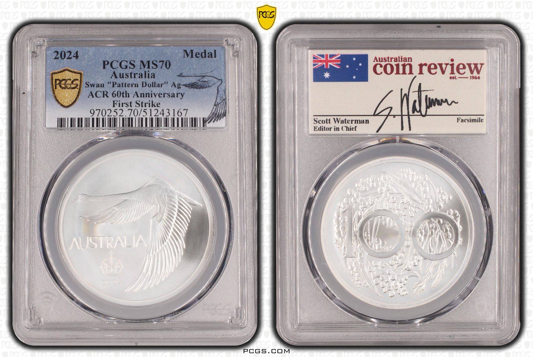 Swan "Pattern Dollar" Ag ACR 60th Anniversary First Strike, Medal, 2024, PCGS MS70