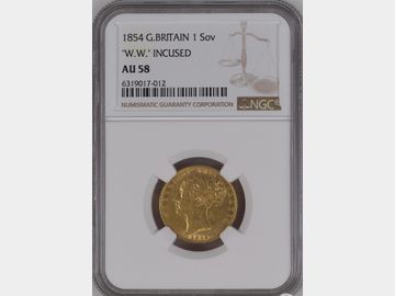 1854 VICTORIA YOUNG HEAD 'W.W. INCUSED' SHIELD GOLD SOVEREIGN AU58