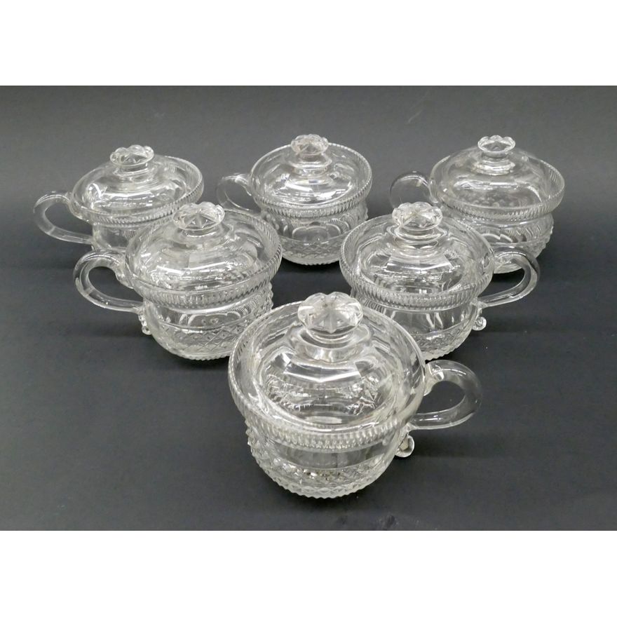 6pc Set Georgian Cut Crystal Lidded Custard Cups, c.1820