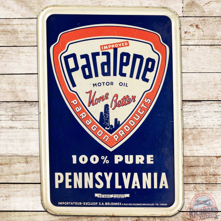 Paragon Motor Oil "Improved Paralene" Embossed SS Tin Sign w/ Logo
