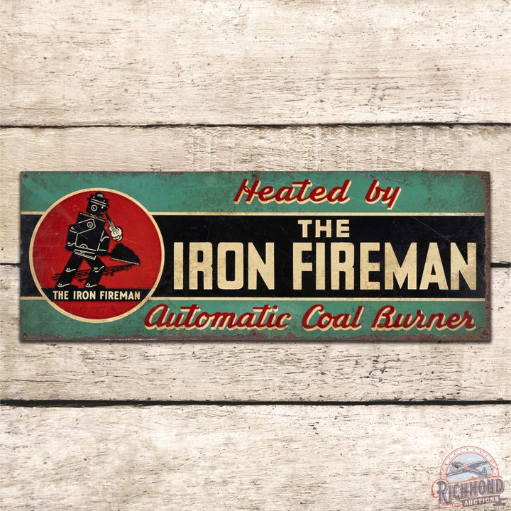The Iron Fireman Automatic Coal Burner Single Sided Tin Sign w/ Logo