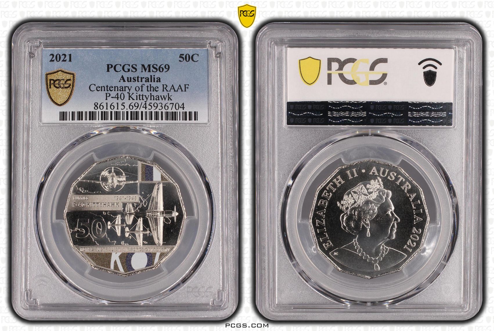 2021 Australia Fifty Cent, 50c Centenary of the RAAF P-40 Kittyhawk PCGS - MS69 POP 17/0 -704