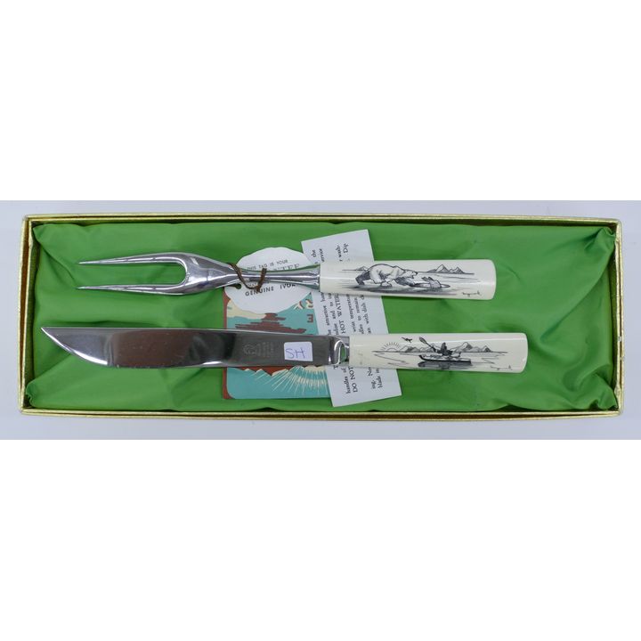 Nuguruk Inuit Eskimo Scrimshawed Carving Set in Box- 13''