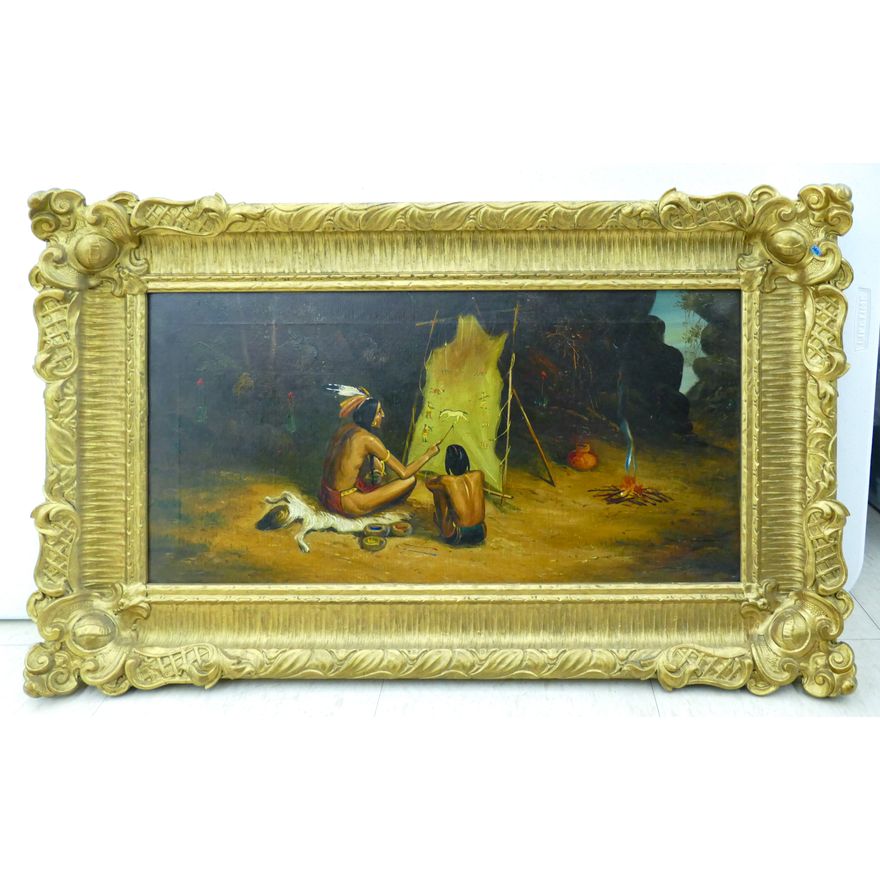 Antique ''Indian Hide Painting'' Oil Painting in Ornate Frame