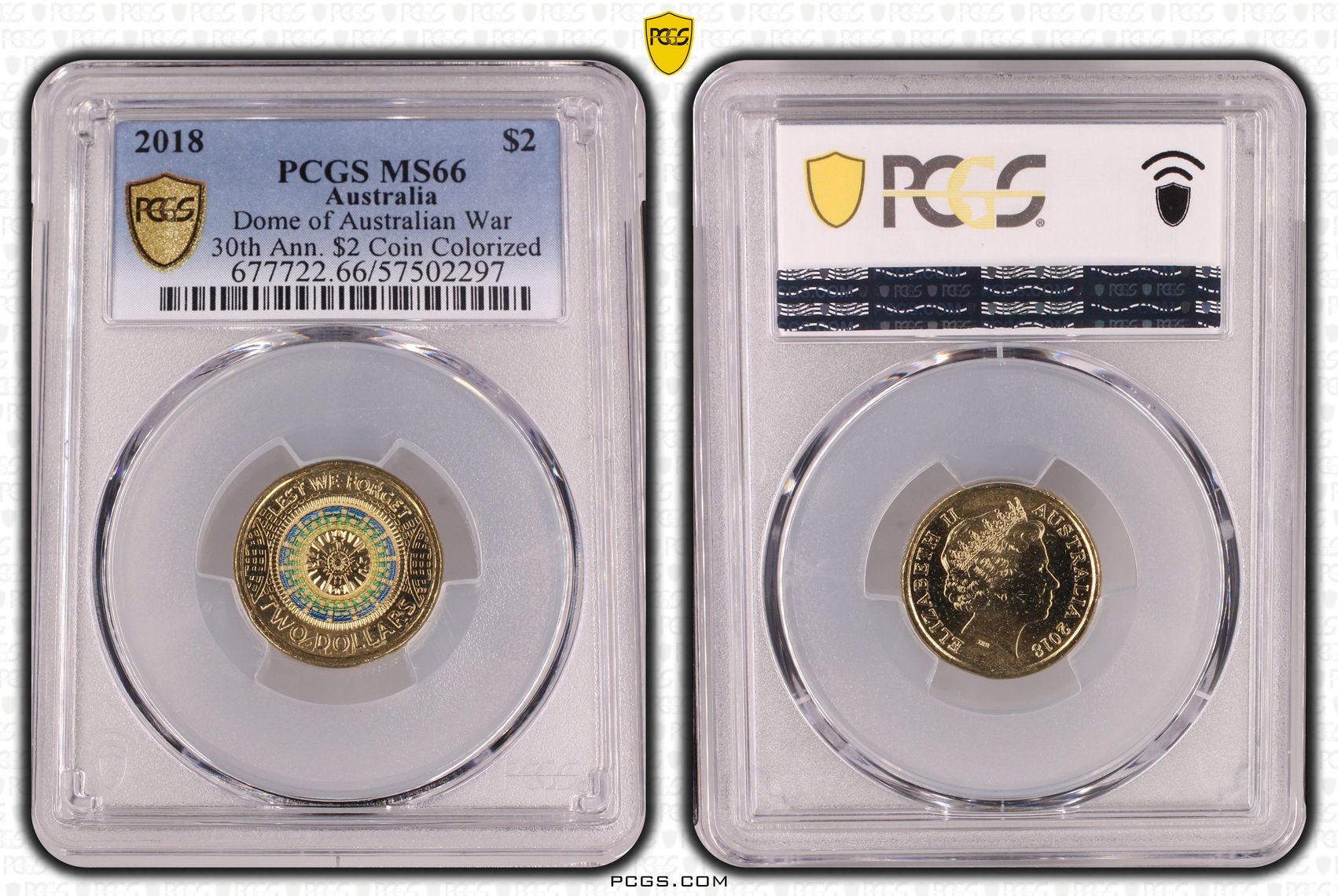 Dome of Australian War 30th Ann. $2 Coin Colourised, Two Dollar, 2018, PCGS MS66