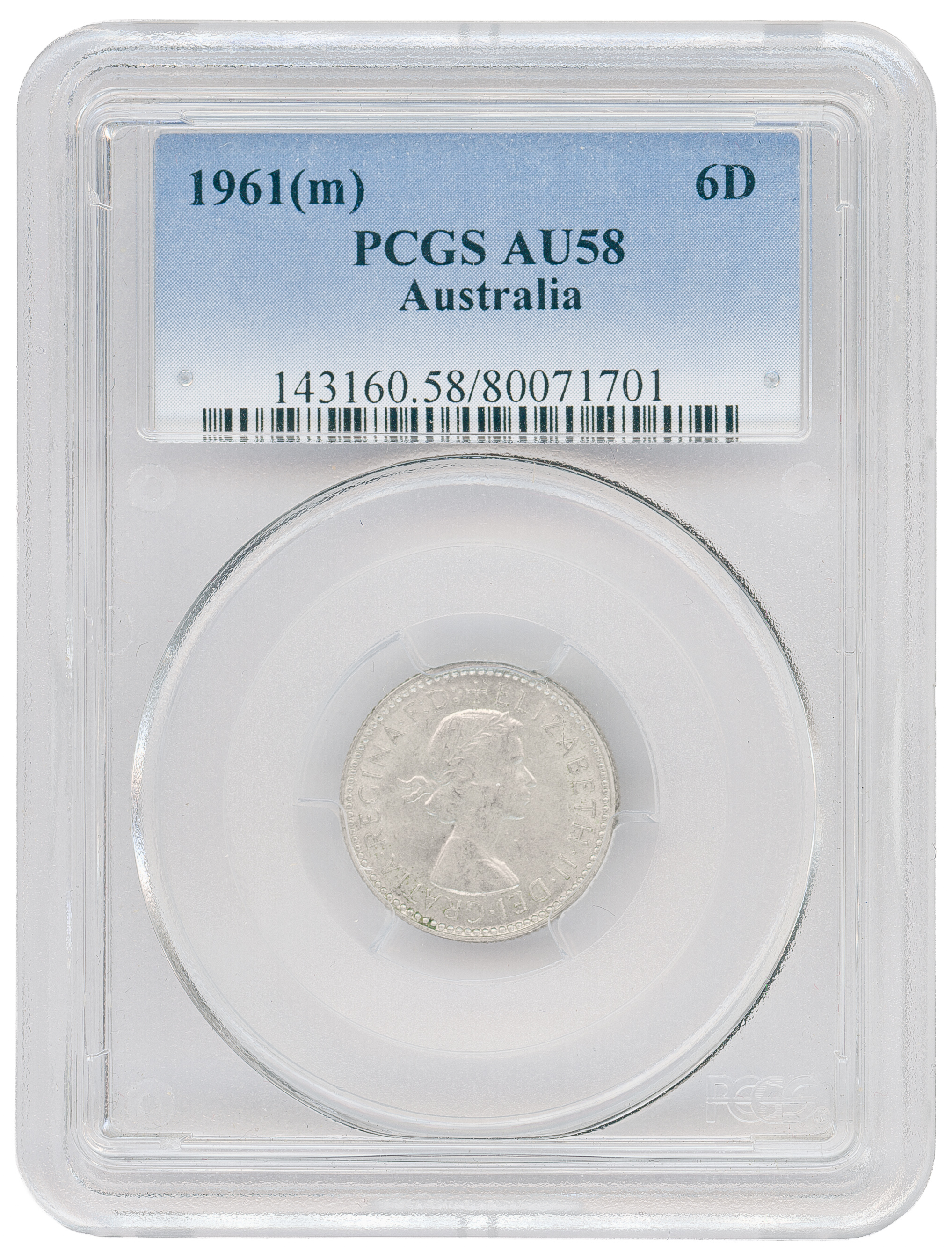138 · Sixpence, 1961(m), PCGS AU58