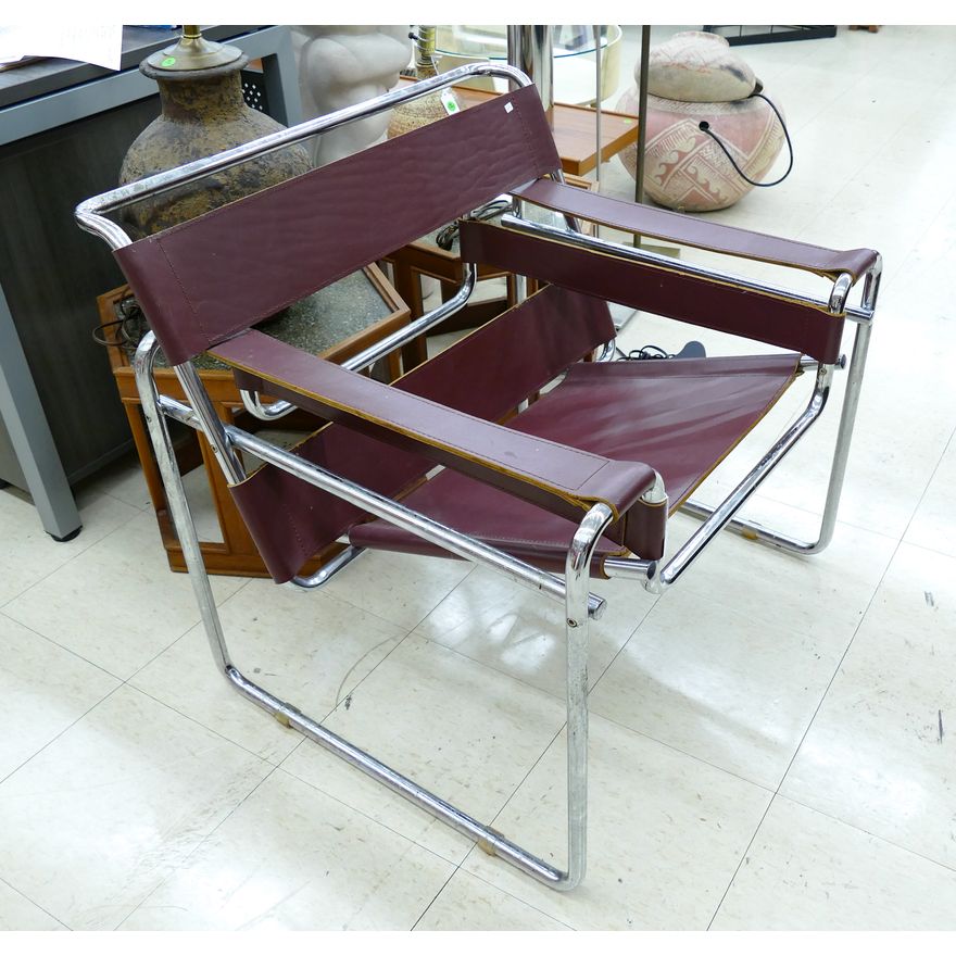 Marcel Breuer Style Leather and Chrome Armchair 29''x31''x29''