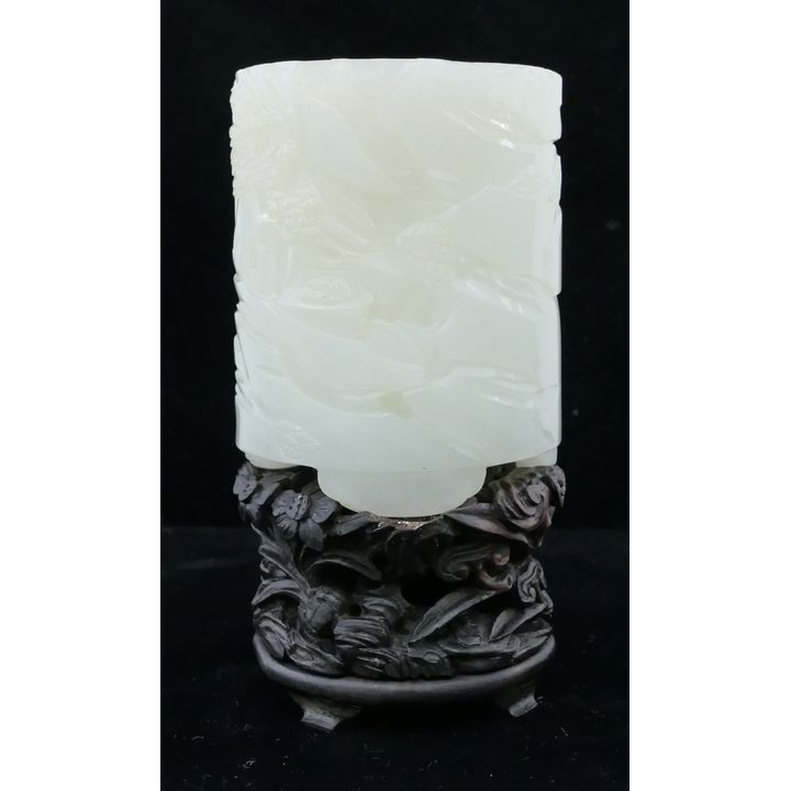 Chinese Qing White Jade Brush Pot on Stand