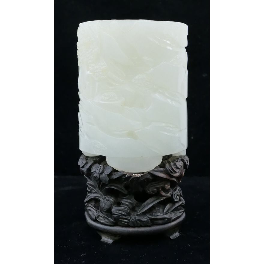 Chinese Qing White Jade Brush Pot on Stand