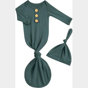NEWBORN BABY KNOTTED GOWN AND HAT SET FOR BABY BOY GIRL BUTTERY-SOFT BAMOO VISCOSE INFANT SLEEPER WITH MITTENS (DARK GREEN, 0-3 MO