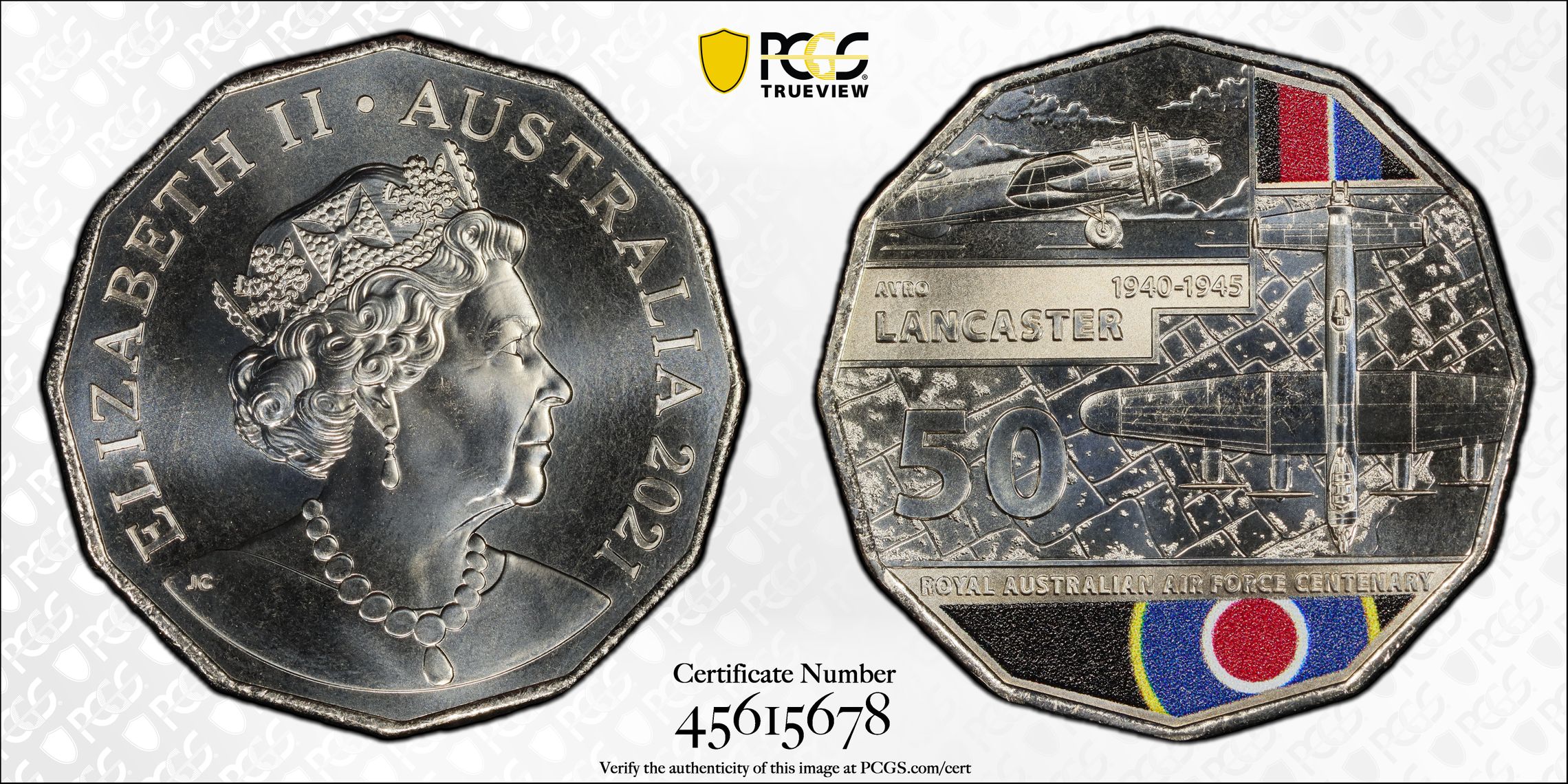 391 · Centenary of the RAAF Lancaster, Fifty Cent, 2021, PCGS MS68