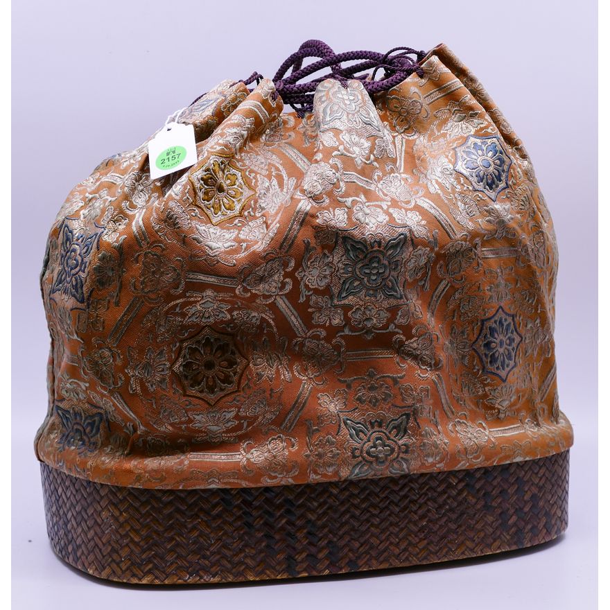 Antique Japanese Woven Basket with Silk Brocade- 14x9''