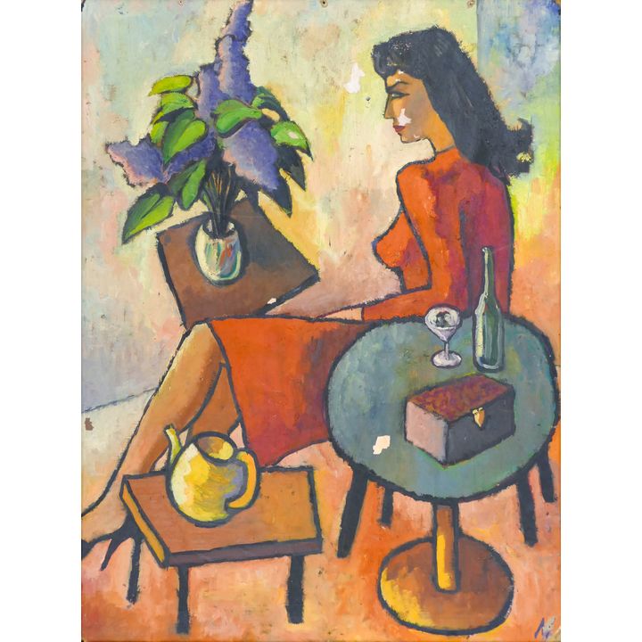 Bruce Moburg ''Girl at Table'' Oil on Board Framed 28''x22'' - Some damage