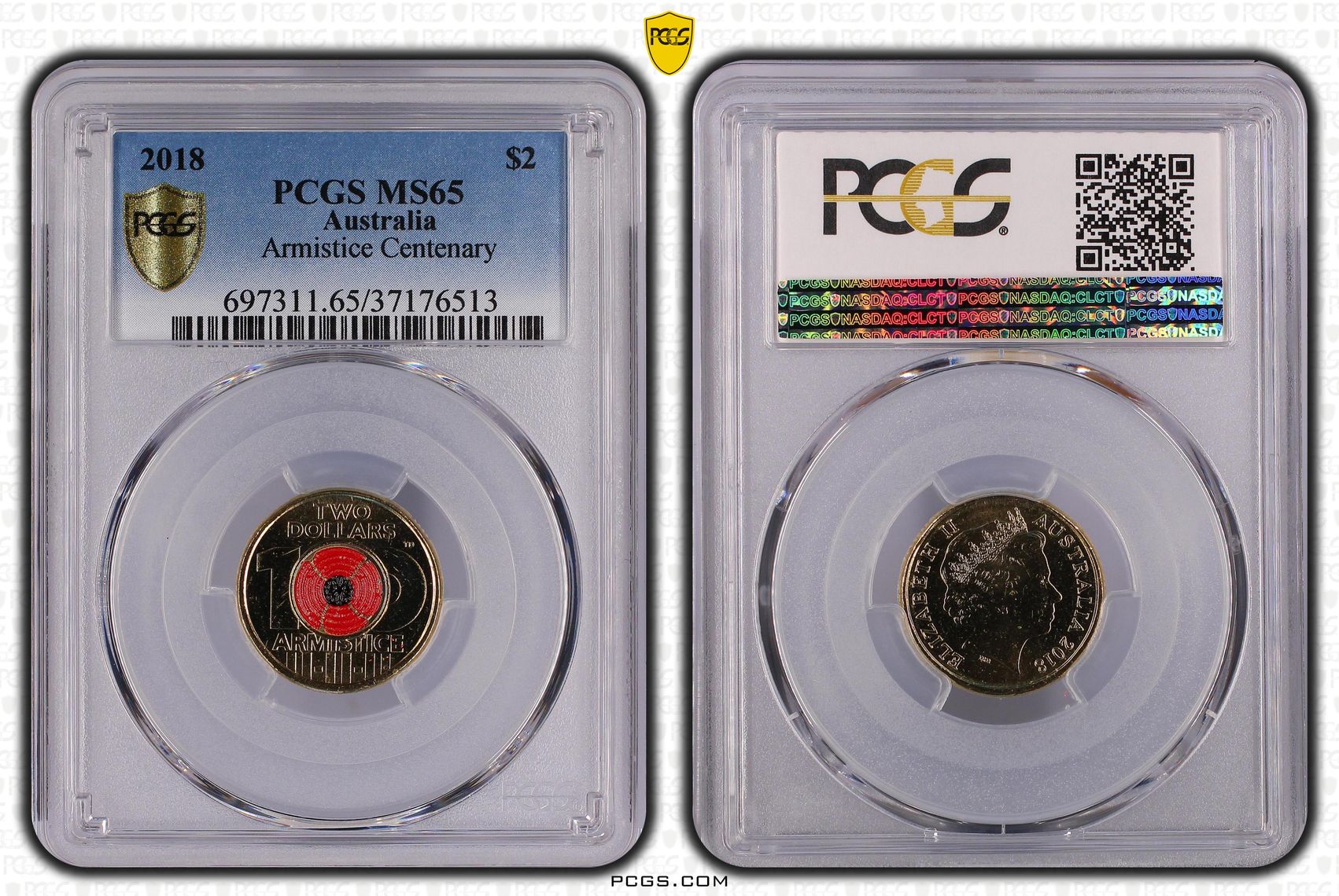 Elizabeth II, Armistice Centenary, Two Dollar, 2018, PCGS MS65