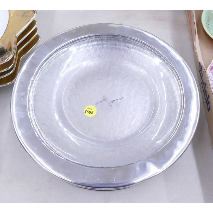 Set of 6pc Italian Pewter Rimmed Glass Plates- 11''