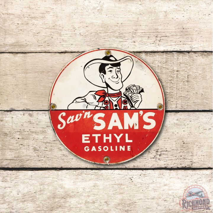 10" Sav'n Sam's Ethyl Gasoline & Logo Metal Pump Sign TAC 7