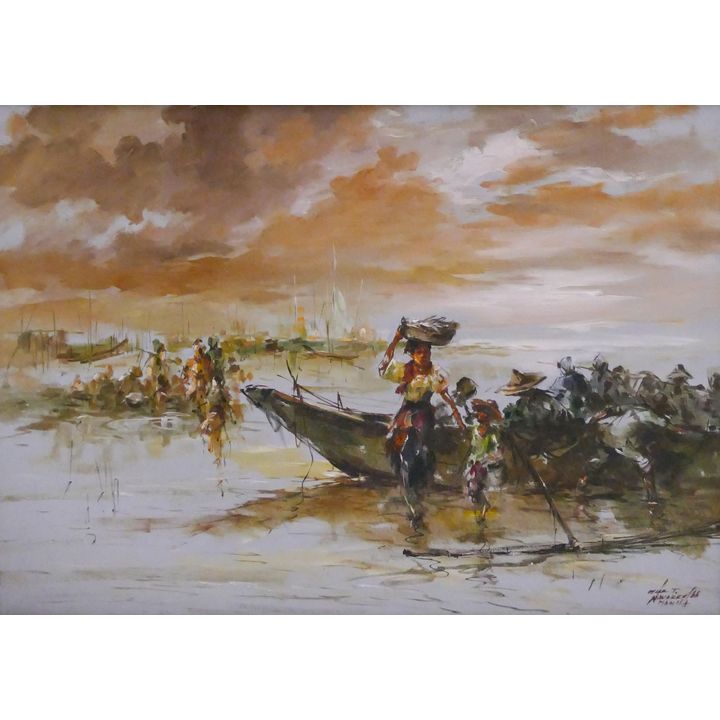 Oscar T. Navarro (1921 - 1973, Philippines) River Scene Oil Painting Framed- 31x40''