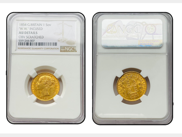 1854 VICTORIA YOUNG HEAD 'W.W. INCUSED' SHIELD GOLD SOVEREIGN NGC AU DETAILS OBVERSE SCRATCHED