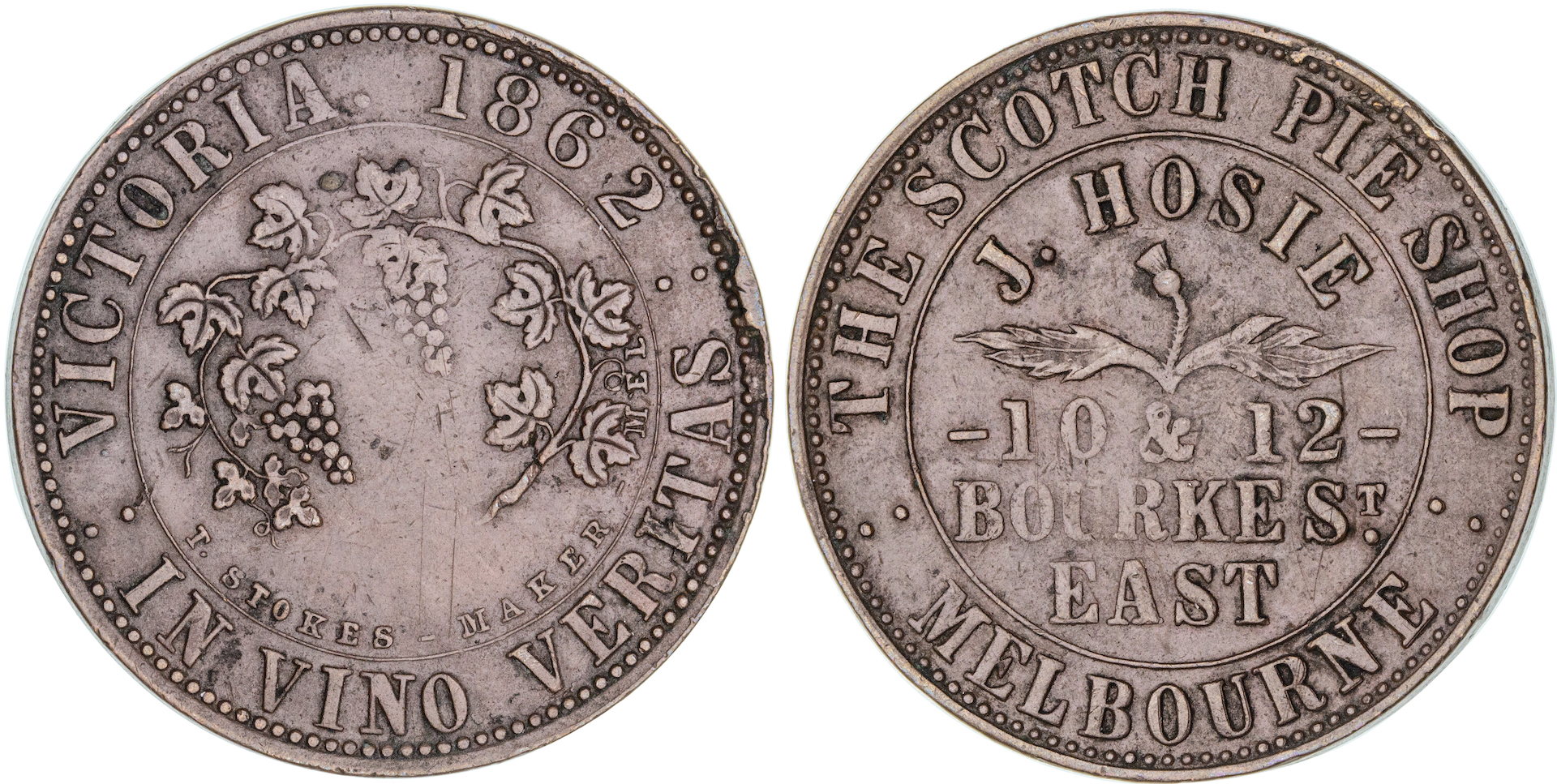 J. Hosie, Melbourne, Penny, 1862, gVF