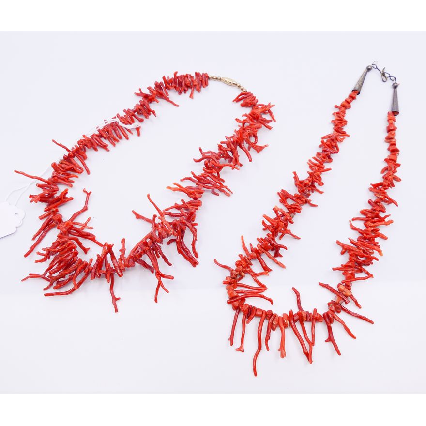 2 Strands Natural Red Coral Bead Necklaces- 18'' and 20''- 106g TW