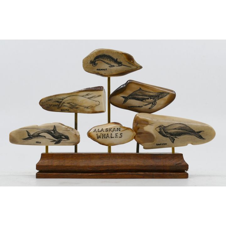 Geoff Olson ''Alaskan Whales'' Scrimshawed Fossilized Tusk Fragments on Stand 7''