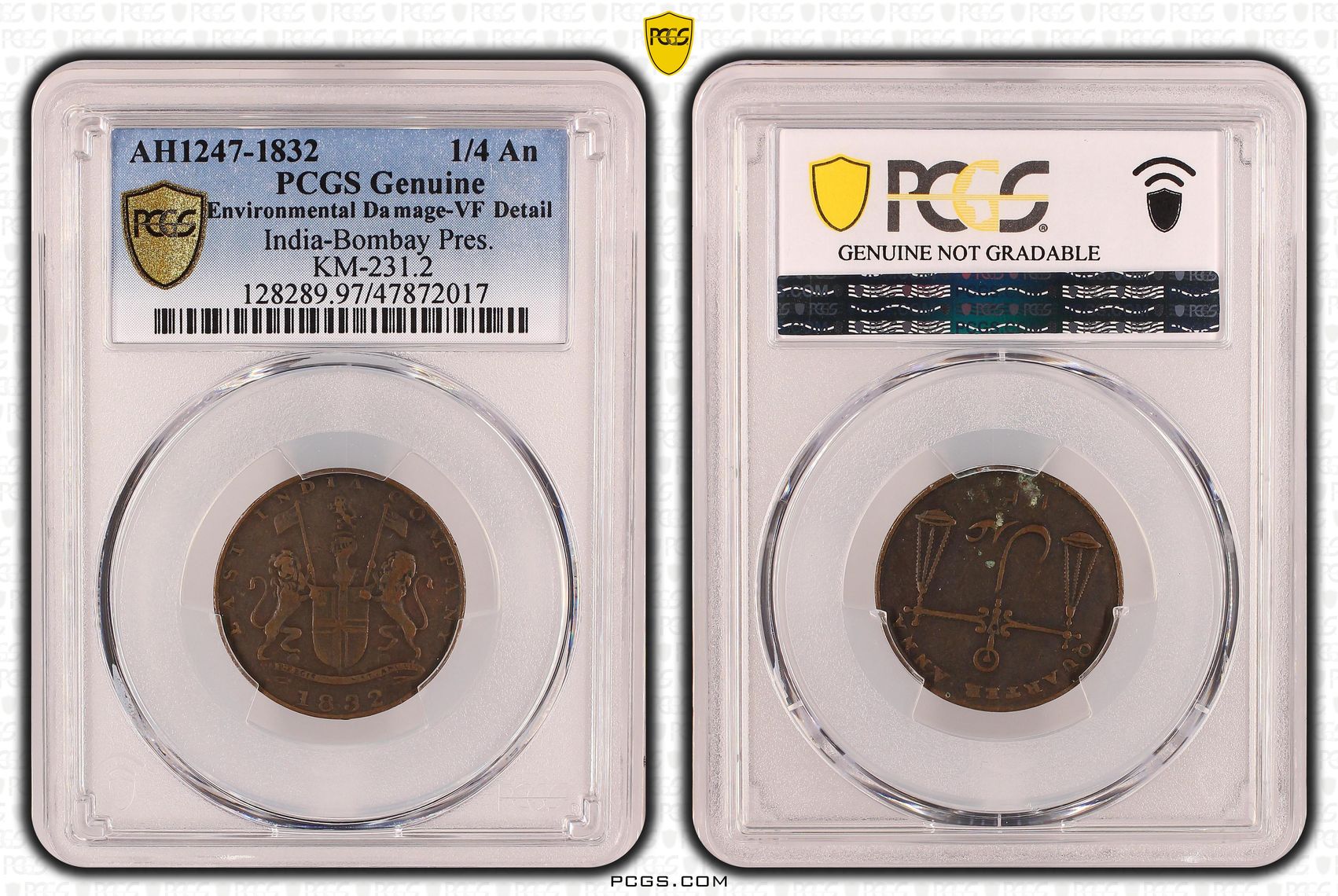 India-Bombay Pres., KM-231.2, Quarter Anna, AH1247-1832, PCGS Genuine - VF Details (97 - Environmental Damage)
