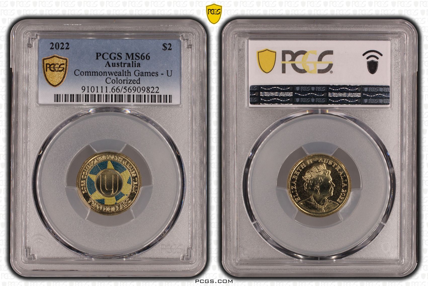 Commonwealth Games - U Colourised, Two Dollar, 2022, PCGS MS66