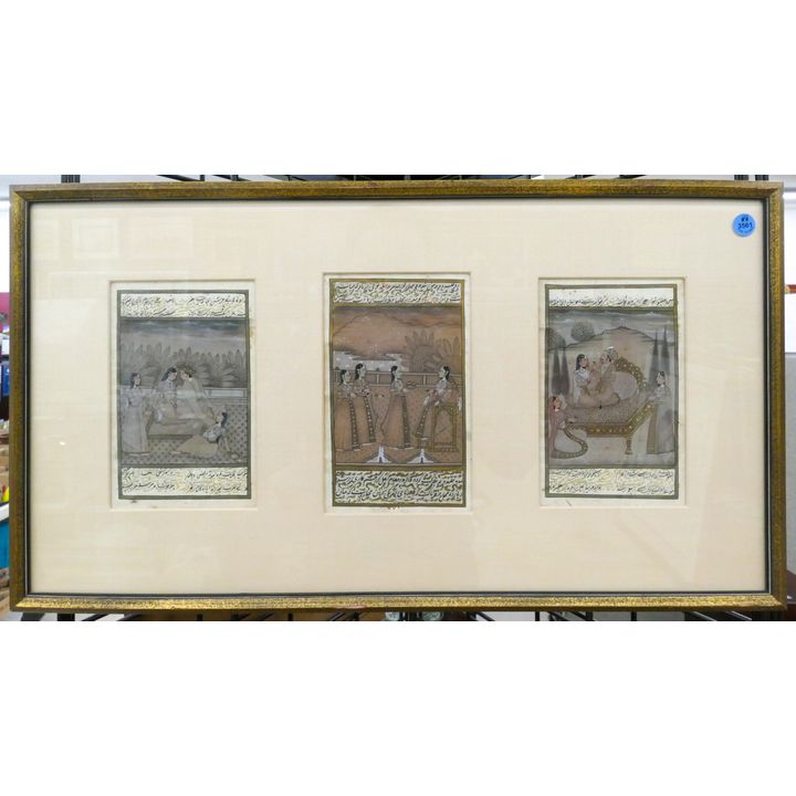 Antique Persian Illuminated Manuscript Triptych Pages Framed 14''x25''
